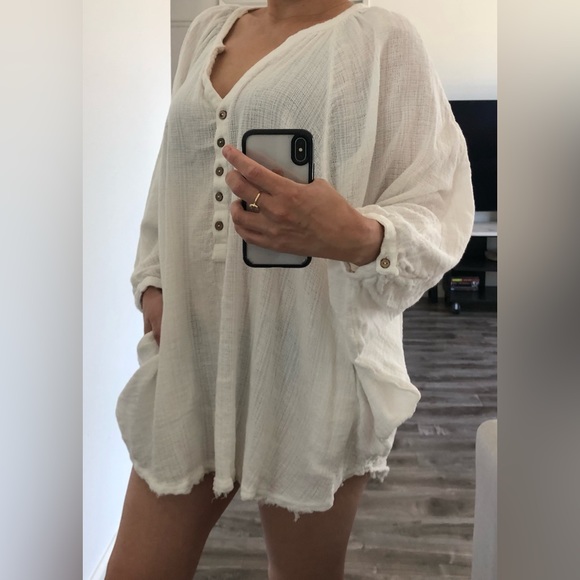 Free People White Cotton Caftan Henley Long Sleeve Beach Cover Up XS S M - Picture 5 of 8